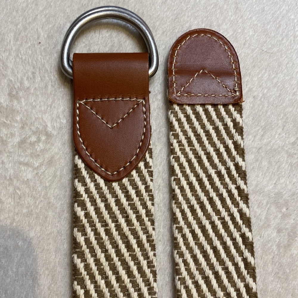 J Crew d-ring khaki ivory stripe cotton belt with leather details Sz S